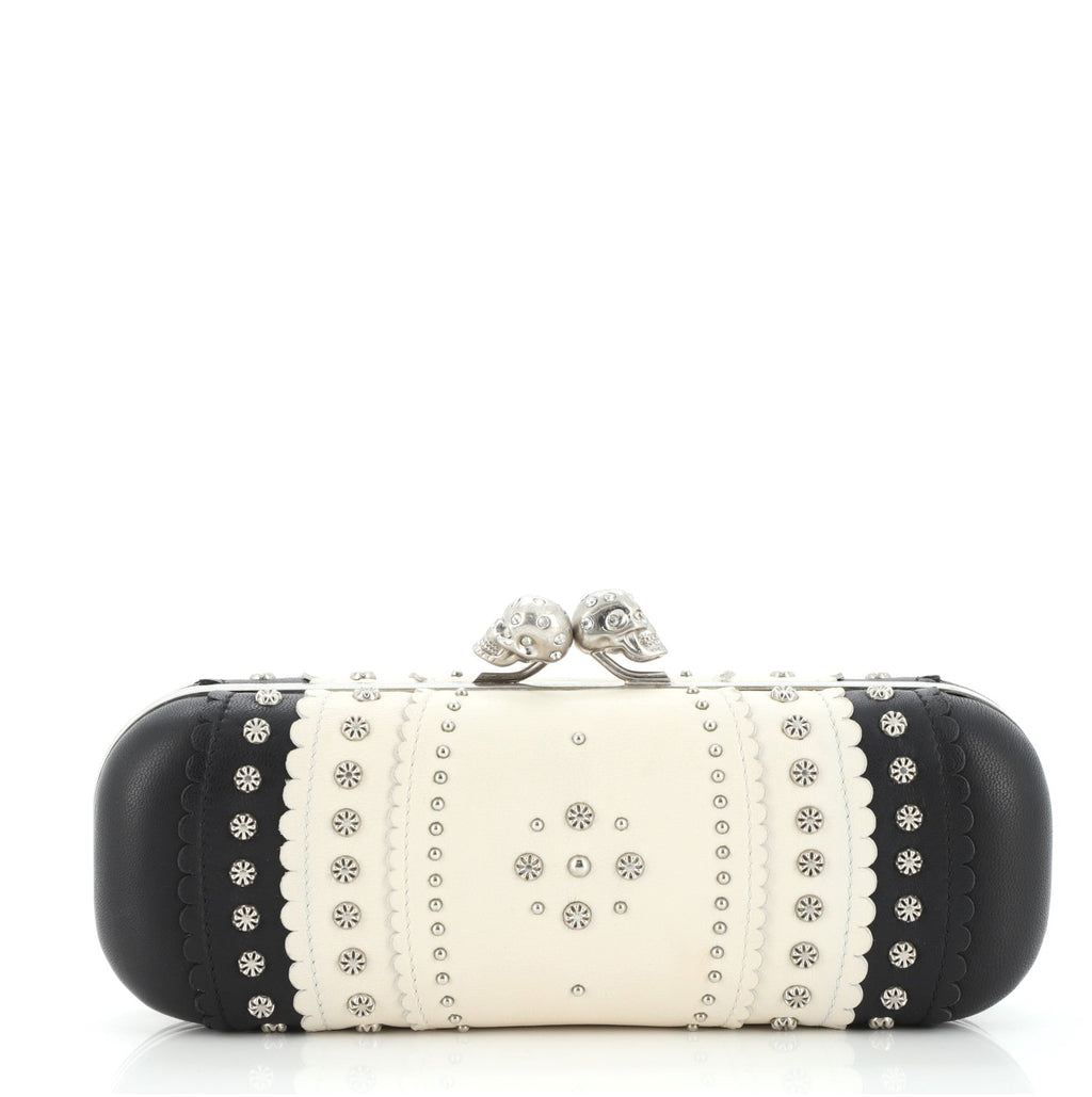 Twin Skull Box Clutch Embellished Leather Long