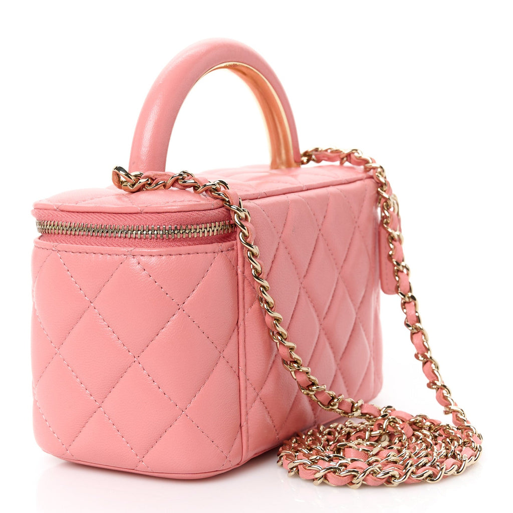 Lambskin Quilted Small Charming Top Handle Vanity Case With Chain Pink