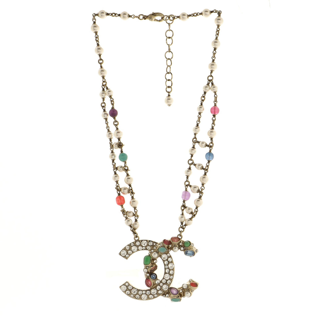 CC Double Chain Pendant Necklace Crystal Embellished Metal with Gripoix, Faux Pearl and Beads