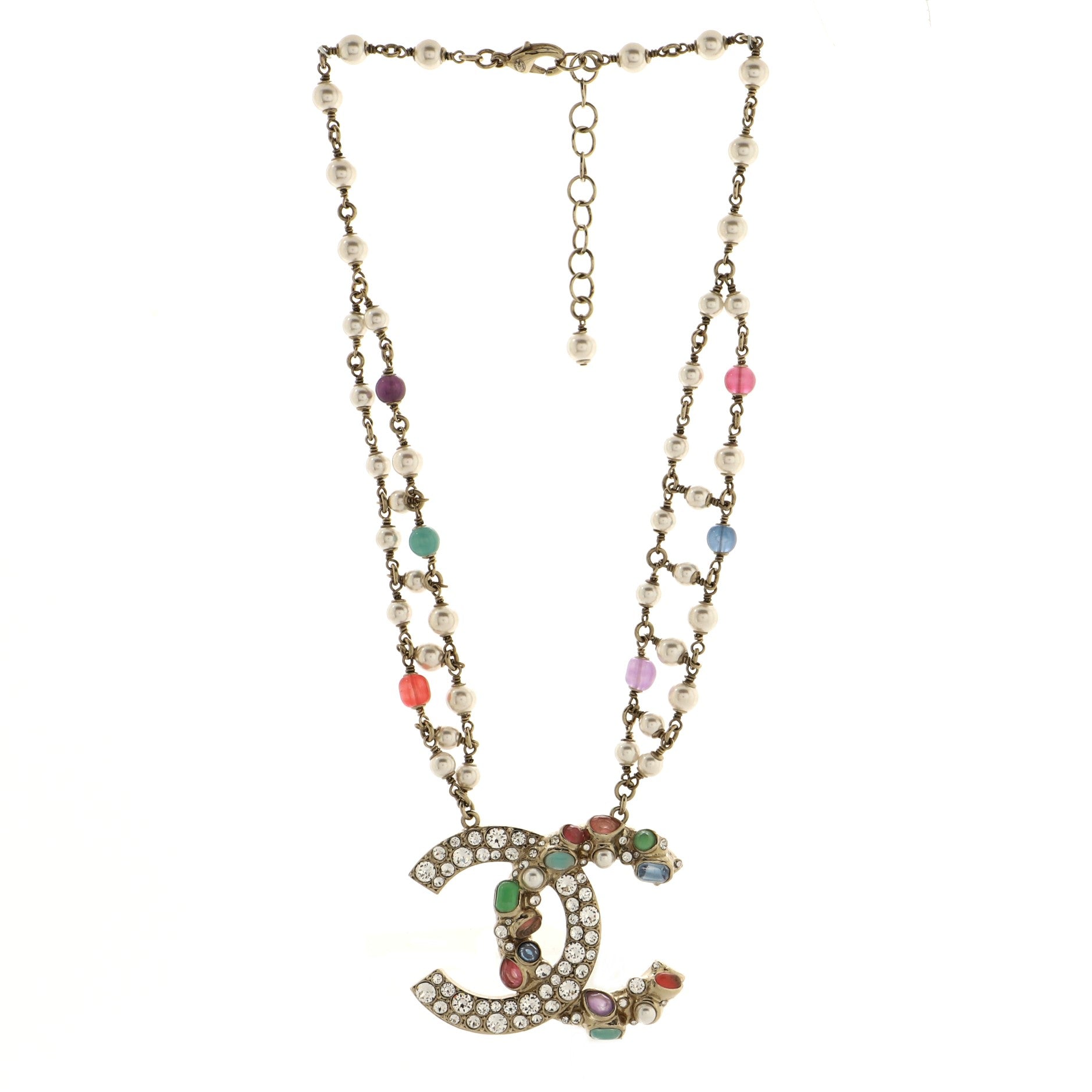 CC Double Chain Pendant Necklace Crystal Embellished Metal with Gripoix, Faux Pearl and Beads