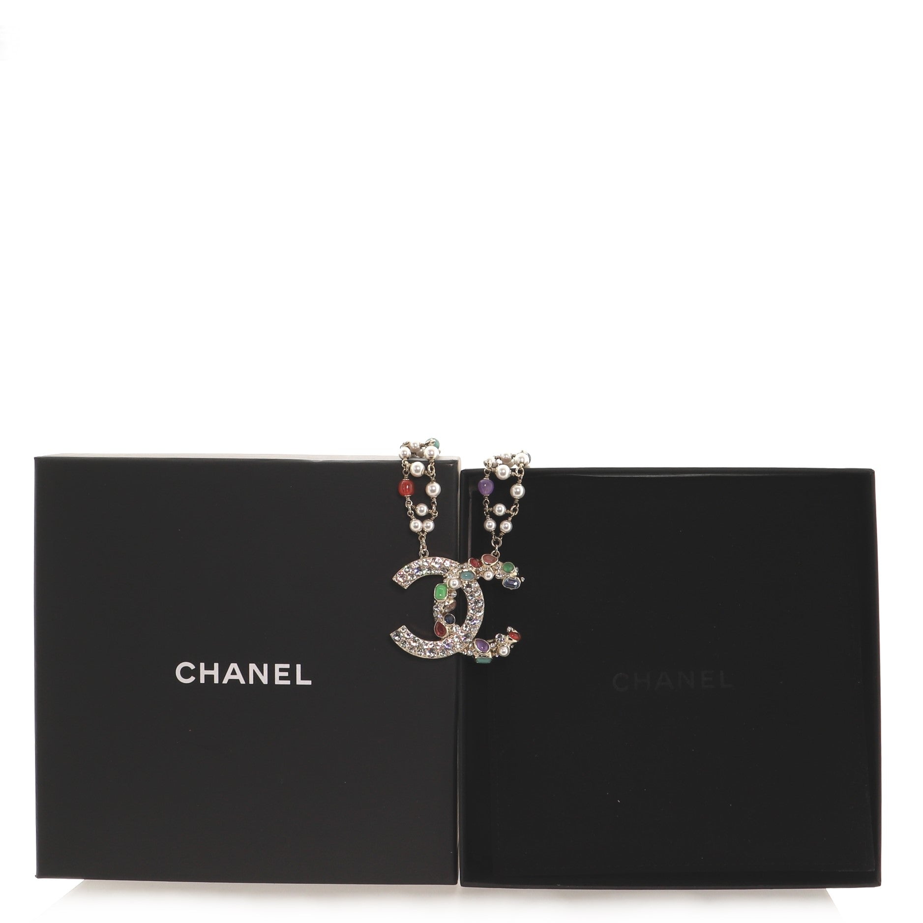 CC Double Chain Pendant Necklace Crystal Embellished Metal with Gripoix, Faux Pearl and Beads