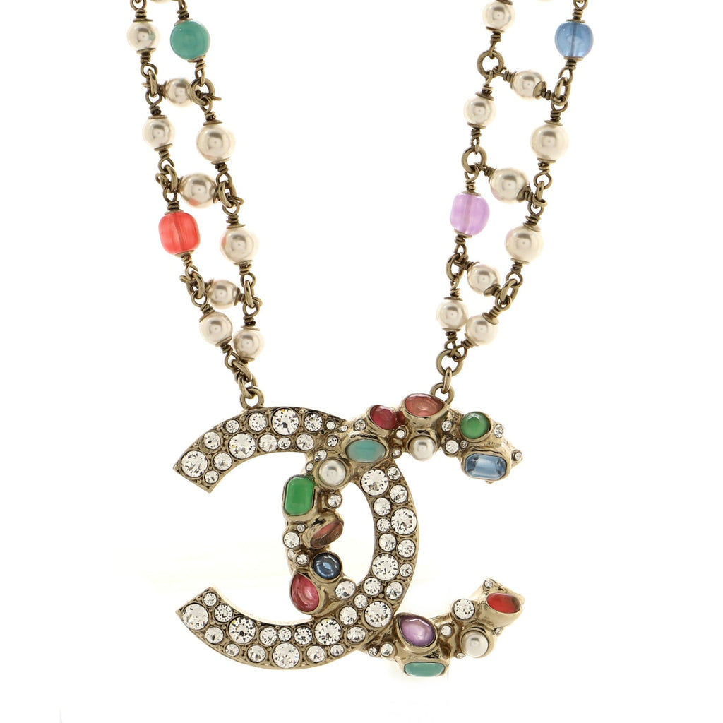CC Double Chain Pendant Necklace Crystal Embellished Metal with Gripoix, Faux Pearl and Beads