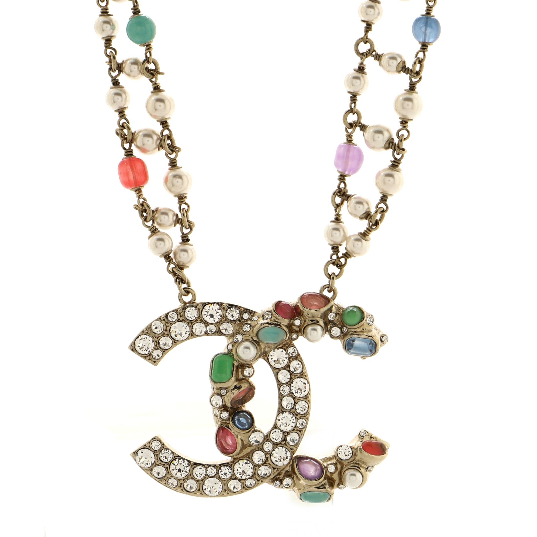 CC Double Chain Pendant Necklace Crystal Embellished Metal with Gripoix, Faux Pearl and Beads