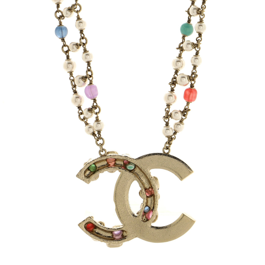 CC Double Chain Pendant Necklace Crystal Embellished Metal with Gripoix, Faux Pearl and Beads