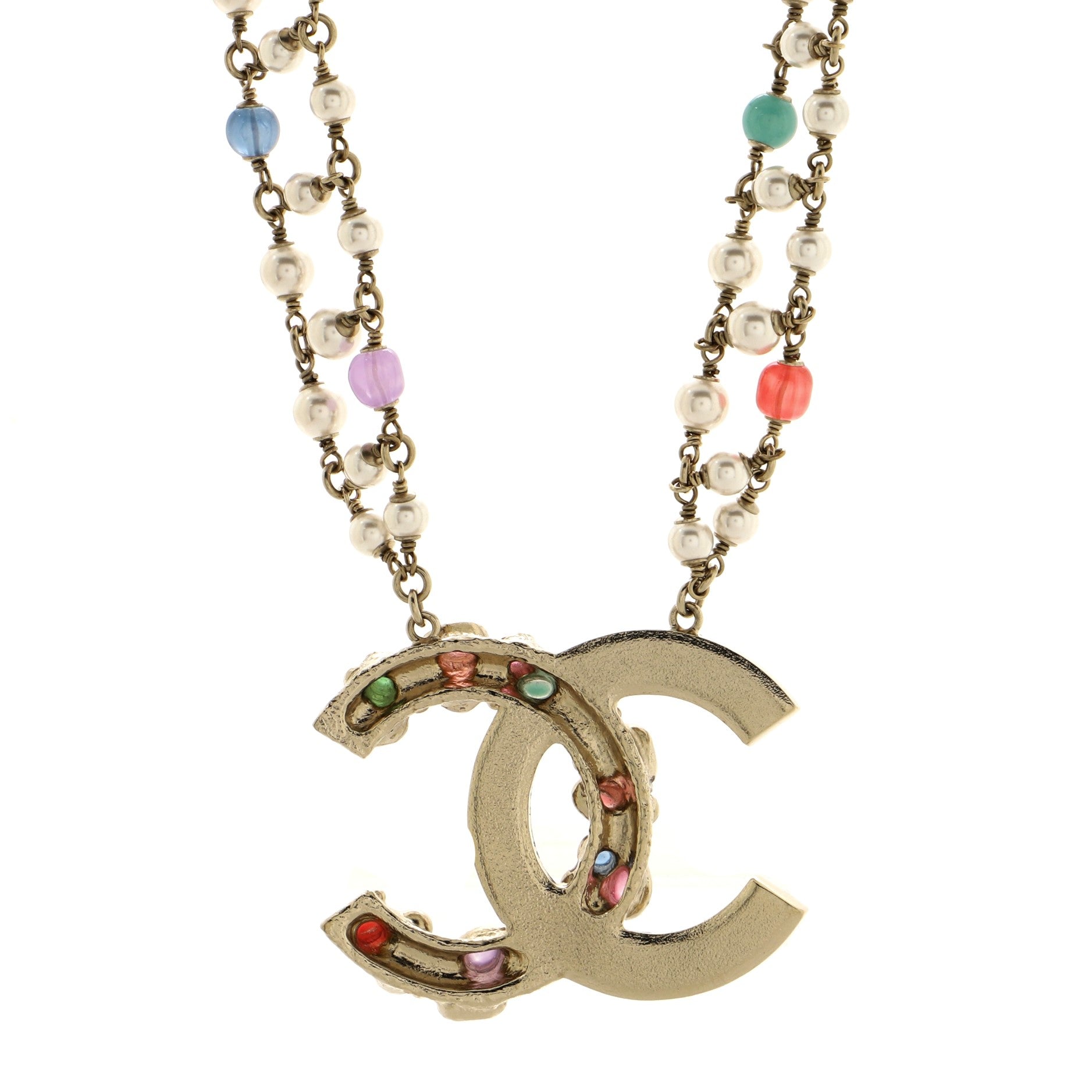 CC Double Chain Pendant Necklace Crystal Embellished Metal with Gripoix, Faux Pearl and Beads