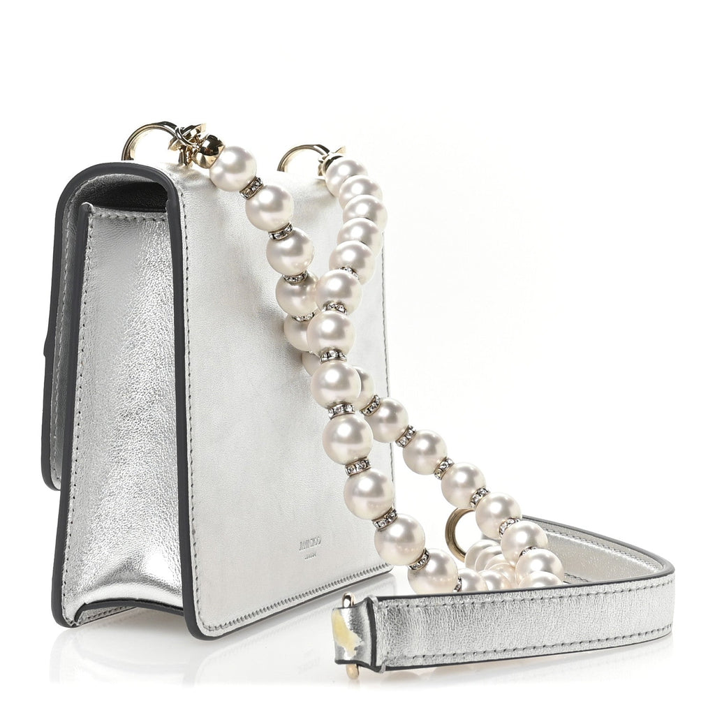 Metallic Calfskin Pearl Varenne Crystal Bar Avenue Chain Clutch Silver