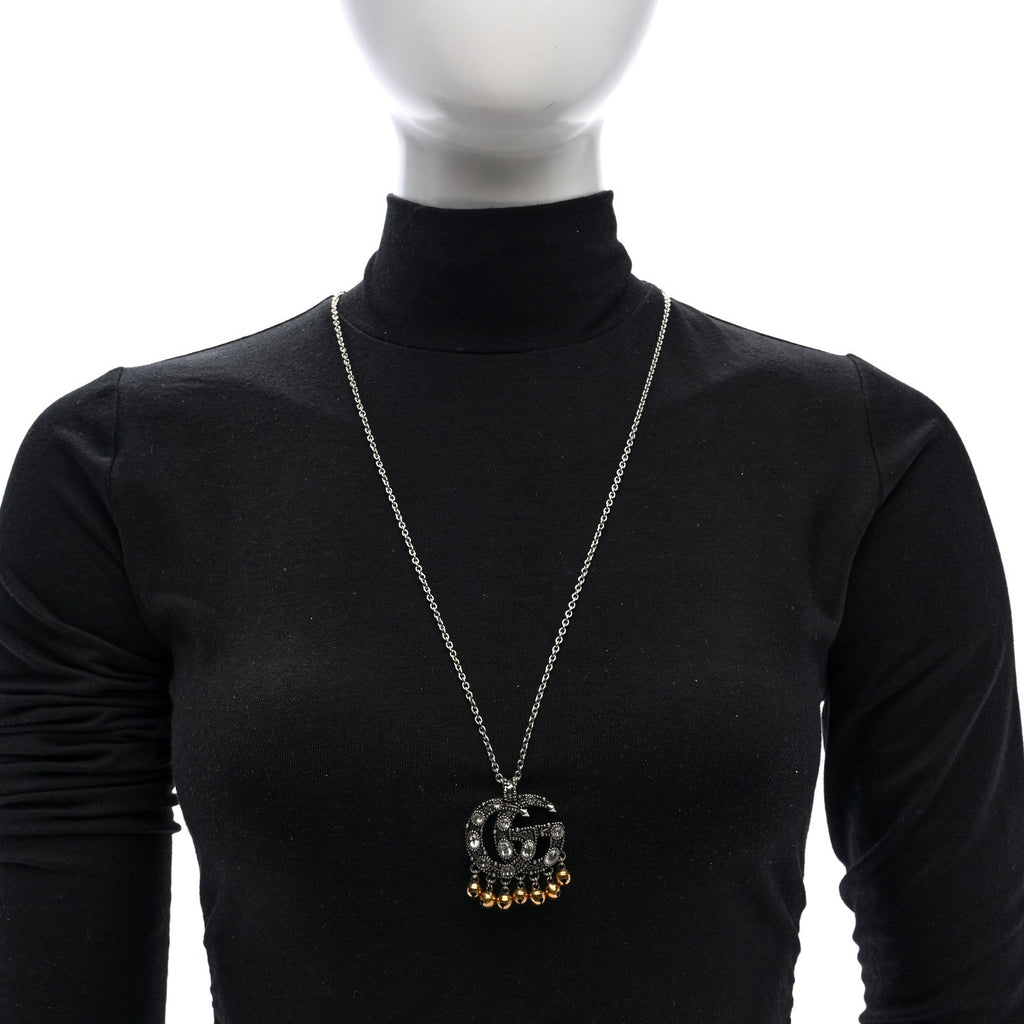 Metal Crystal Double G Bell Fringe Pendant Necklace Gold Silver
