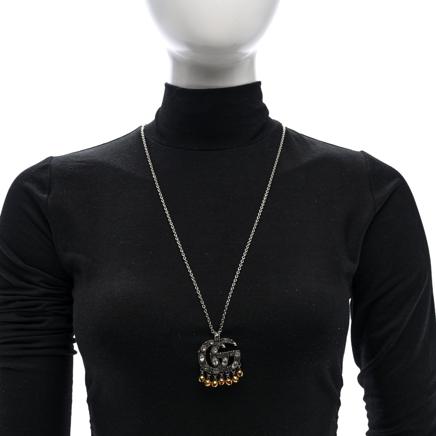 Metal Crystal Double G Bell Fringe Pendant Necklace Gold Silver