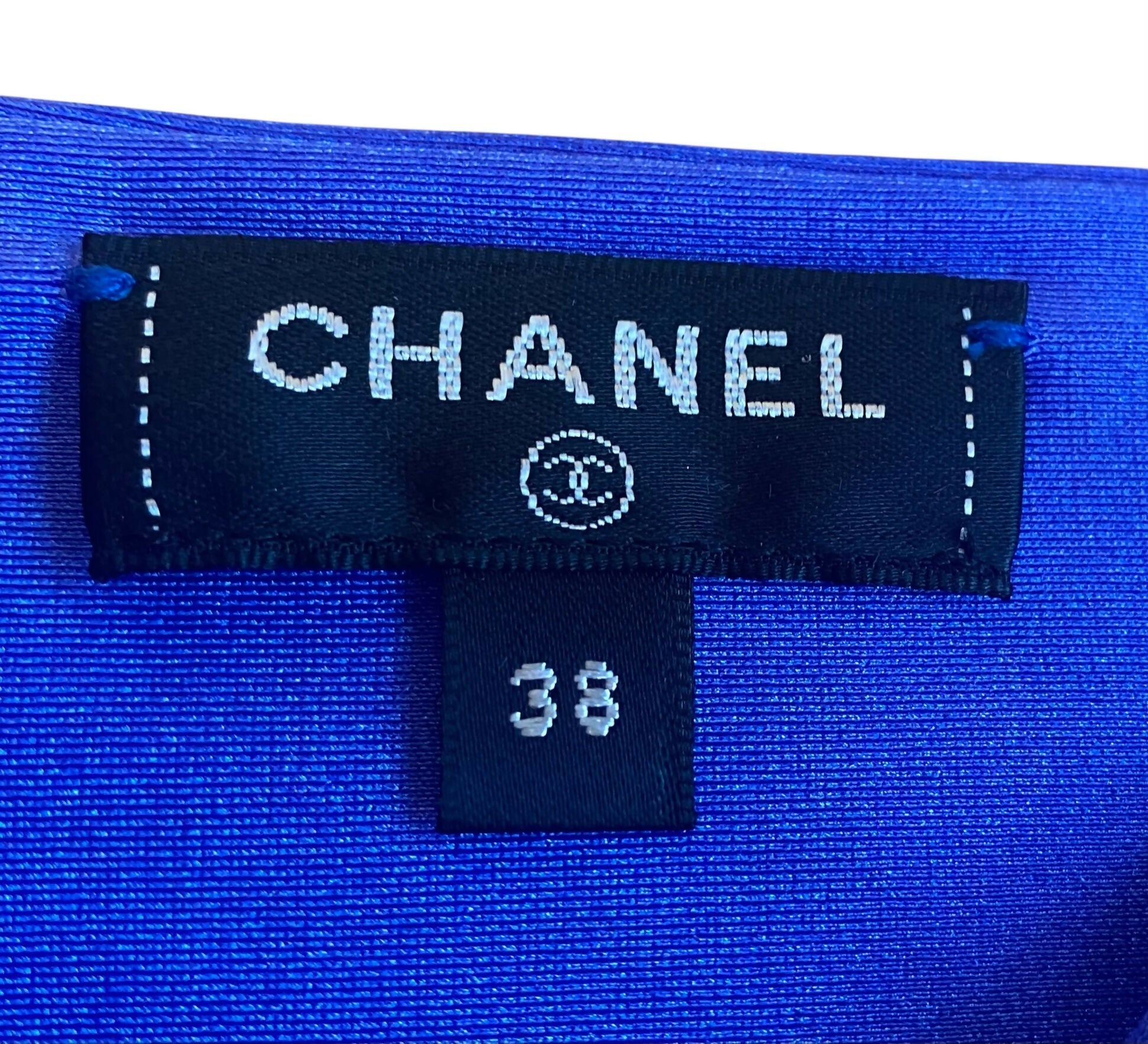 Chanel 21A Runway Royal Blue Sequin Logo Cropped Top Blouse FR 38
