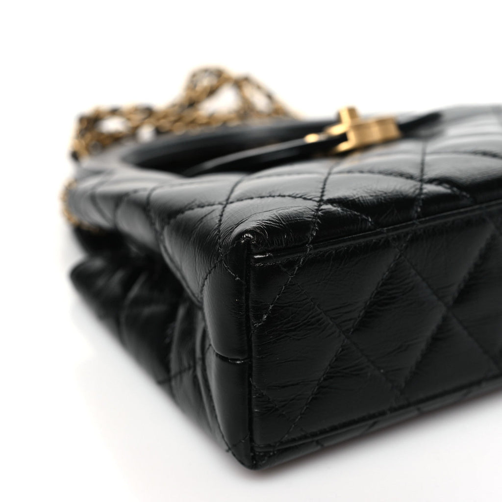 Shiny Aged Calfskin Quilted Nano Kelly Shopper Black