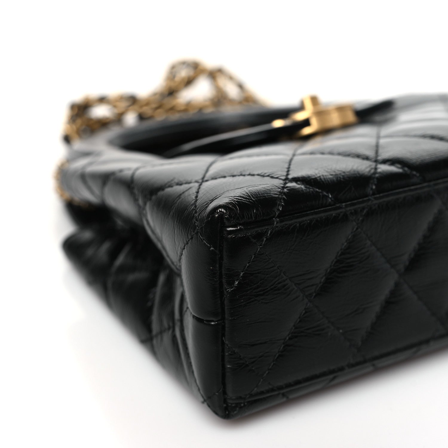 Shiny Aged Calfskin Quilted Nano Kelly Shopper Black