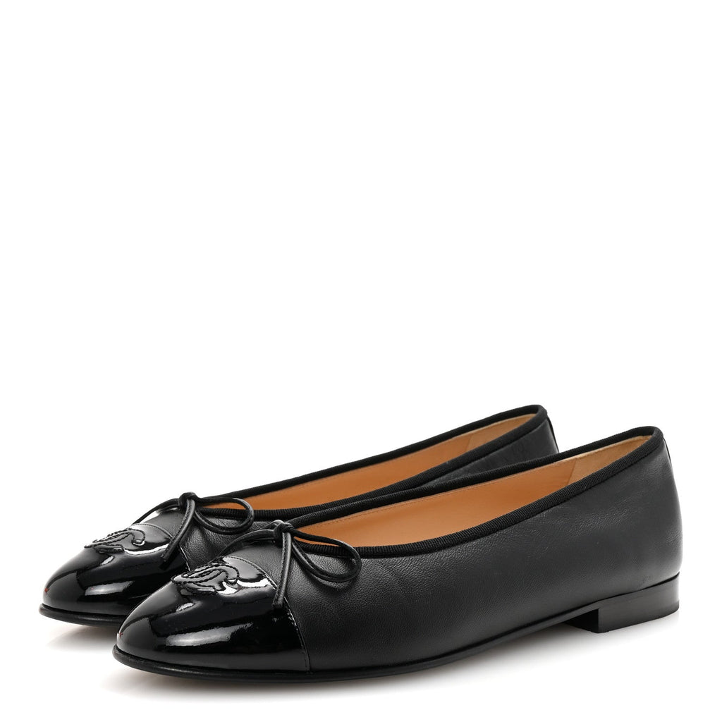 Lambskin Patent Cap Toe Ballerina Flats 38.5 Black