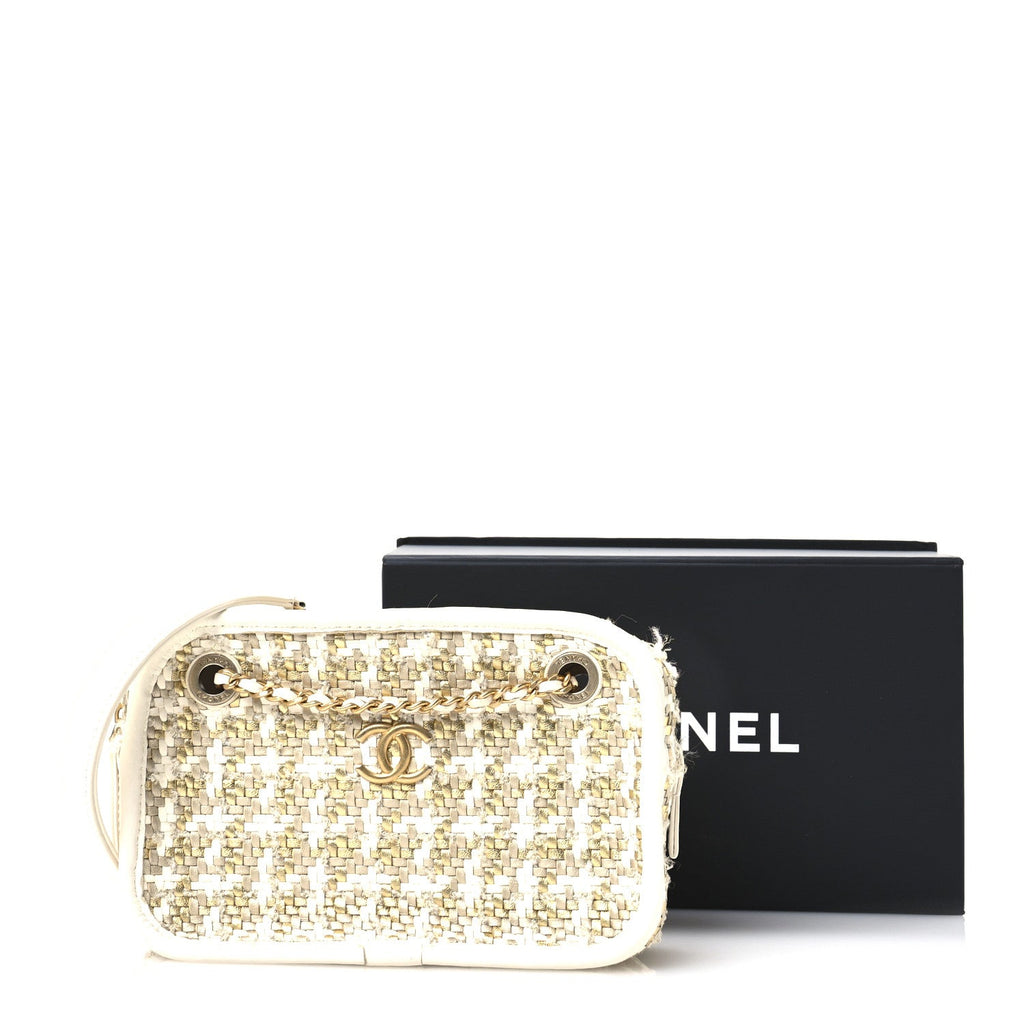 Metallic Lambskin Viscose Woven Small Camera Case White Gold