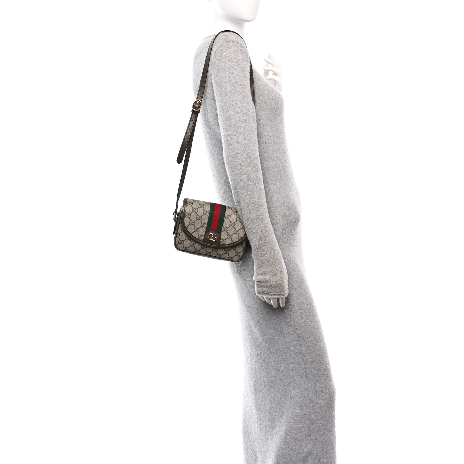 GG Supreme Monogram Textured Dollar Calfskin Mini Ophidia Flap Shoulder Bag Beige Ebony New Acero