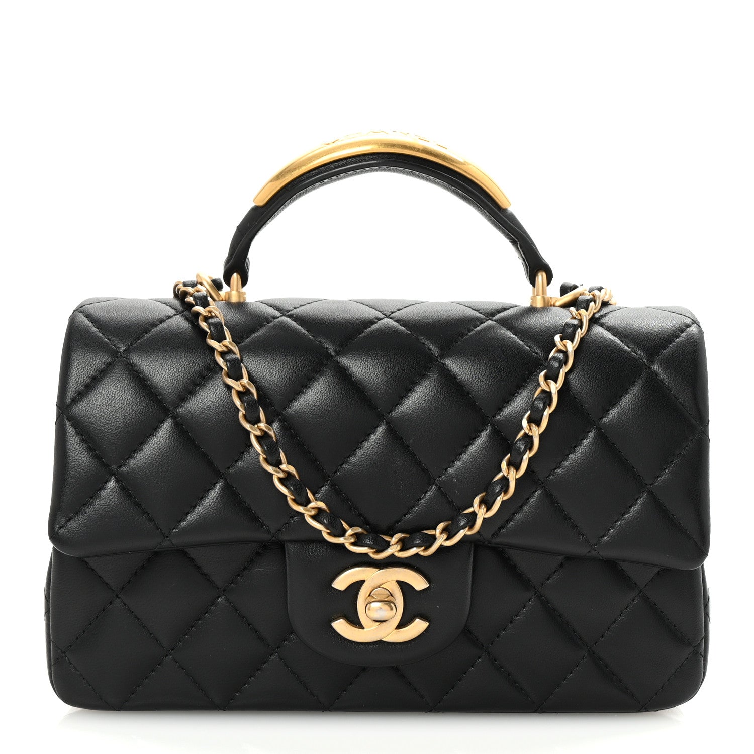 Lambskin Quilted Metal Mini Top Handle Rectangular Flap Black