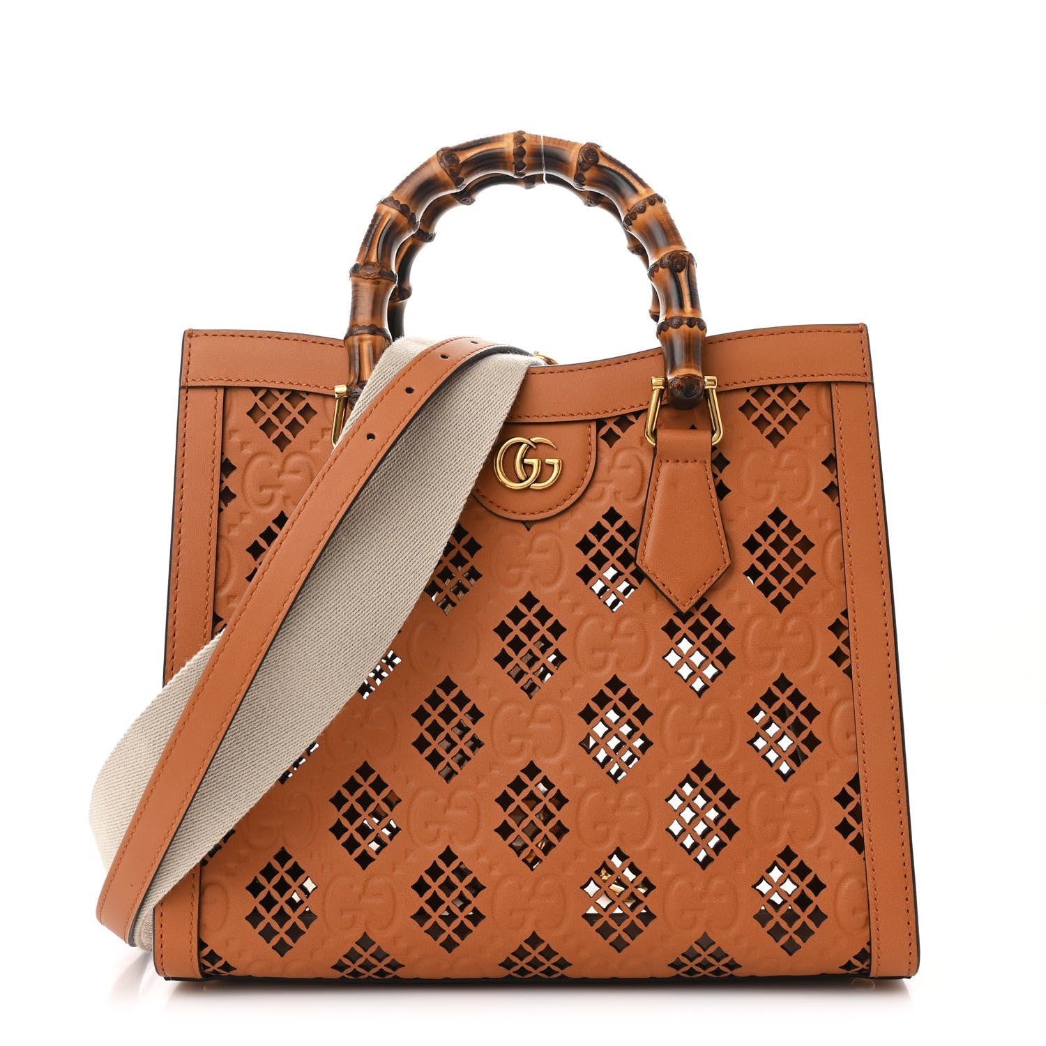Calfskin Debossed GG Lase-Cut Small Diana Tote Bag Harness Brown