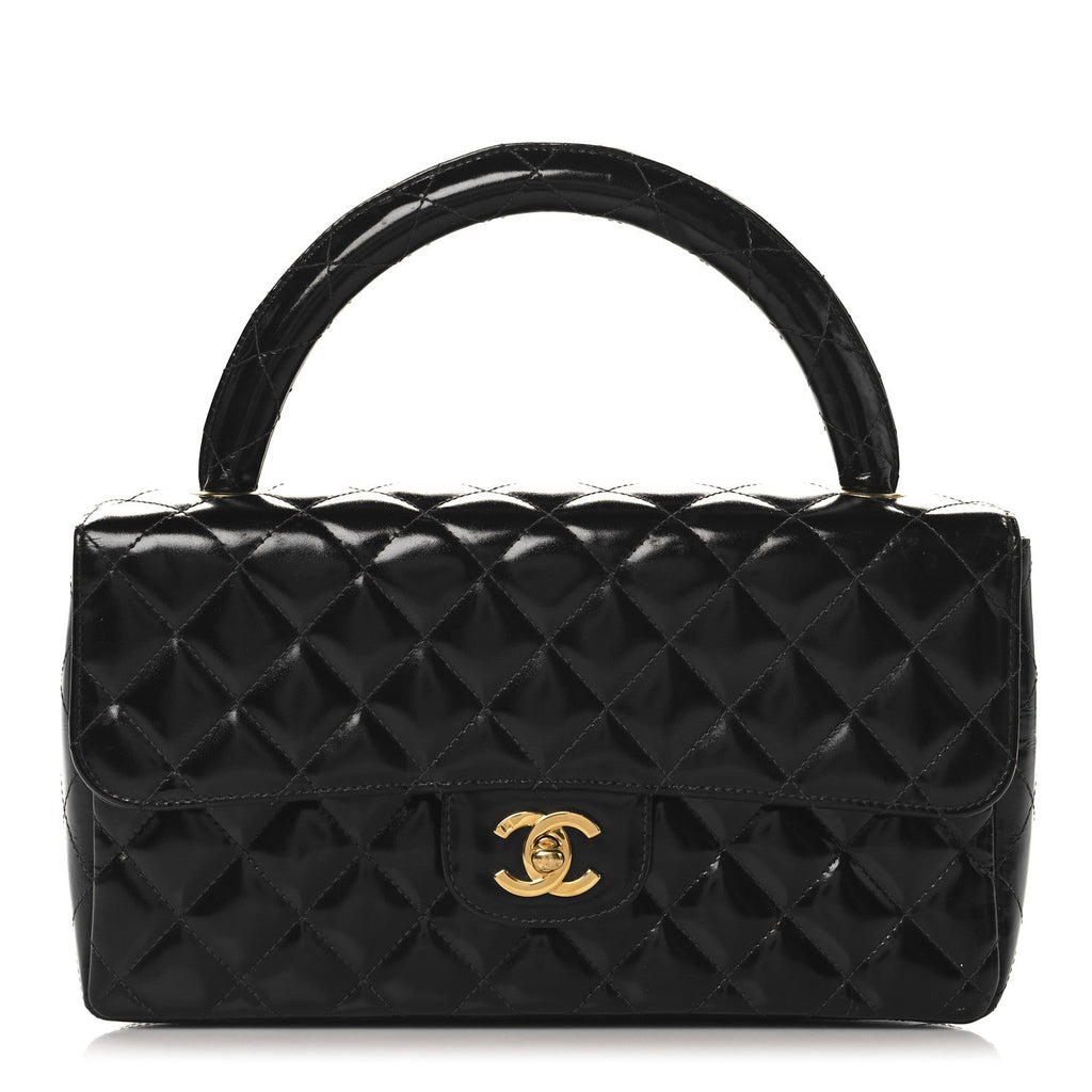 Patent Quilted Medium Rectangular Kelly Flap Bag Black