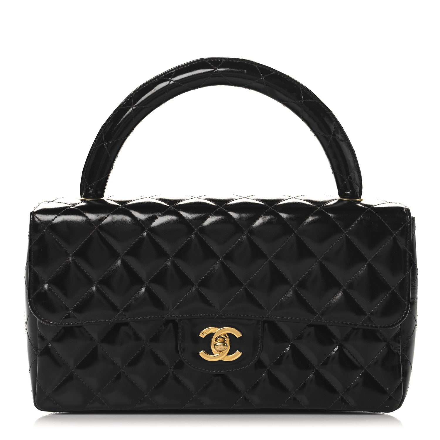 Patent Quilted Medium Rectangular Kelly Flap Bag Black