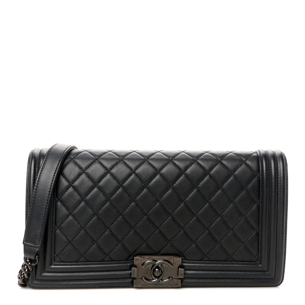 Calfskin Quilted Boy Clutch With Removable Chain So Black