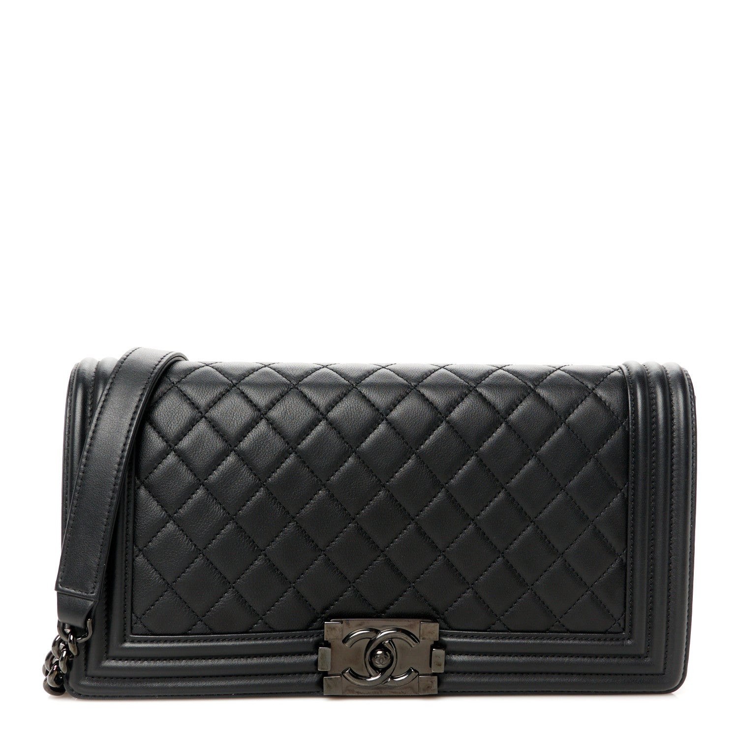 Calfskin Quilted Boy Clutch With Removable Chain So Black