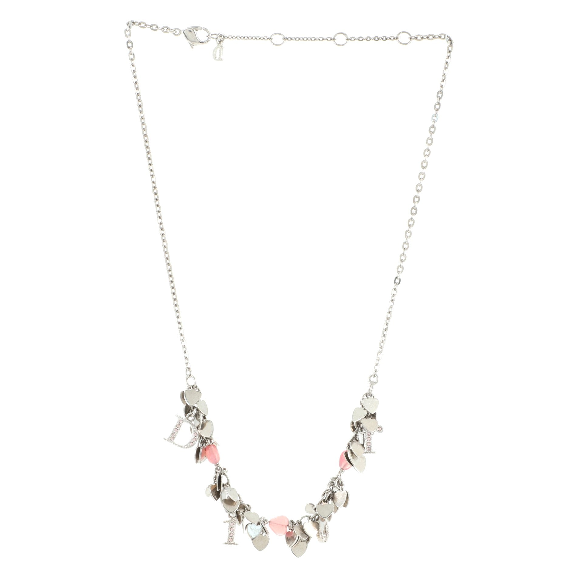Vintage Heart Charm Cluster with Logo Necklace Crystal Embellished Metal with Beads