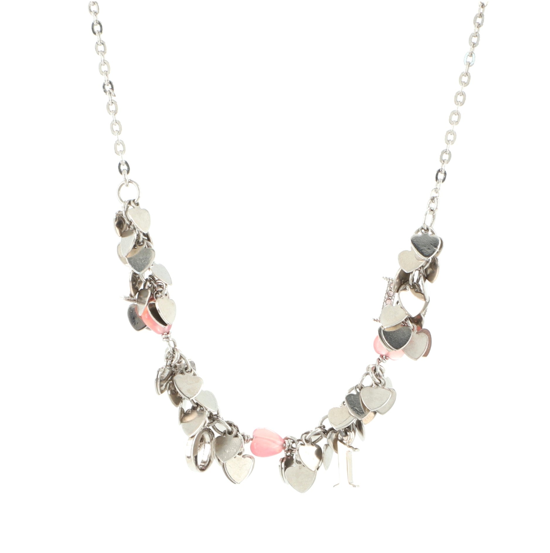 Vintage Heart Charm Cluster with Logo Necklace Crystal Embellished Metal with Beads