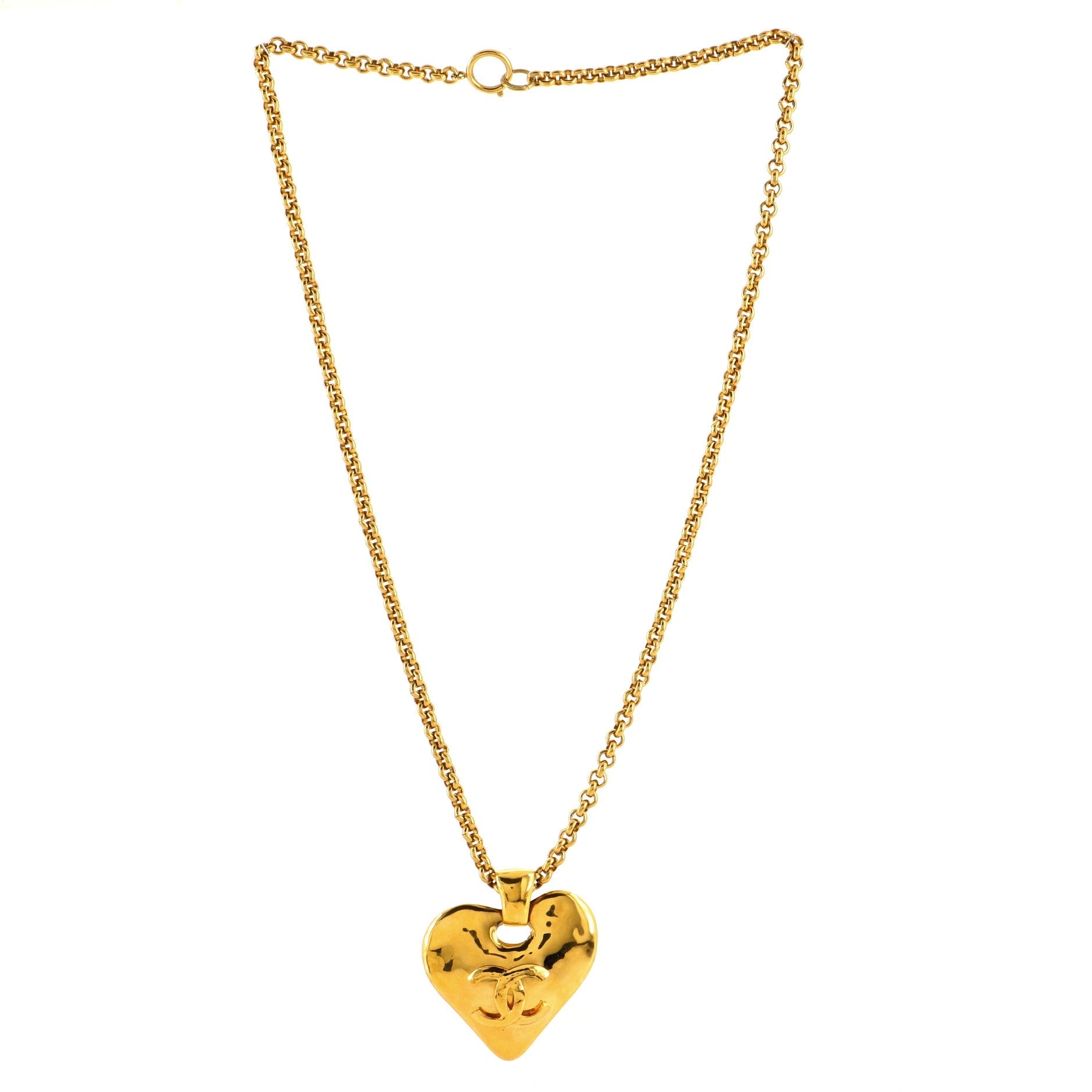 Vintage CC Heart Pendant Long Necklace Metal XL