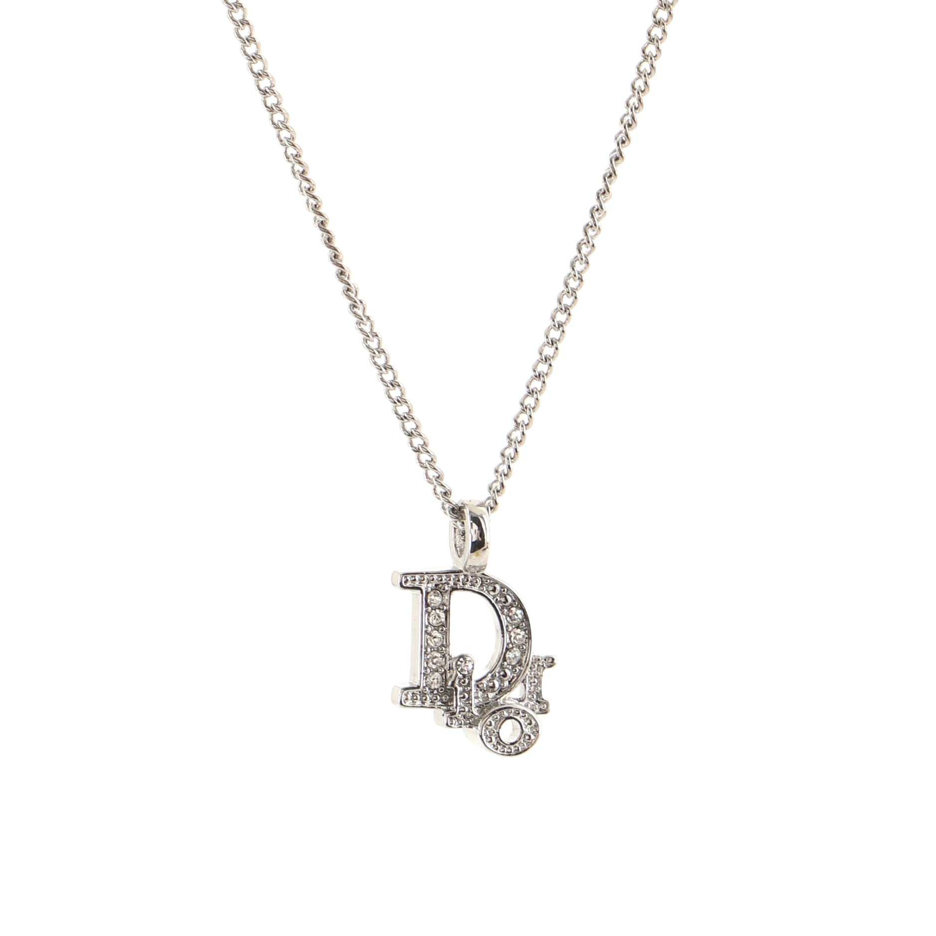 Vintage Dior Logo Necklace Metal and Crystal
