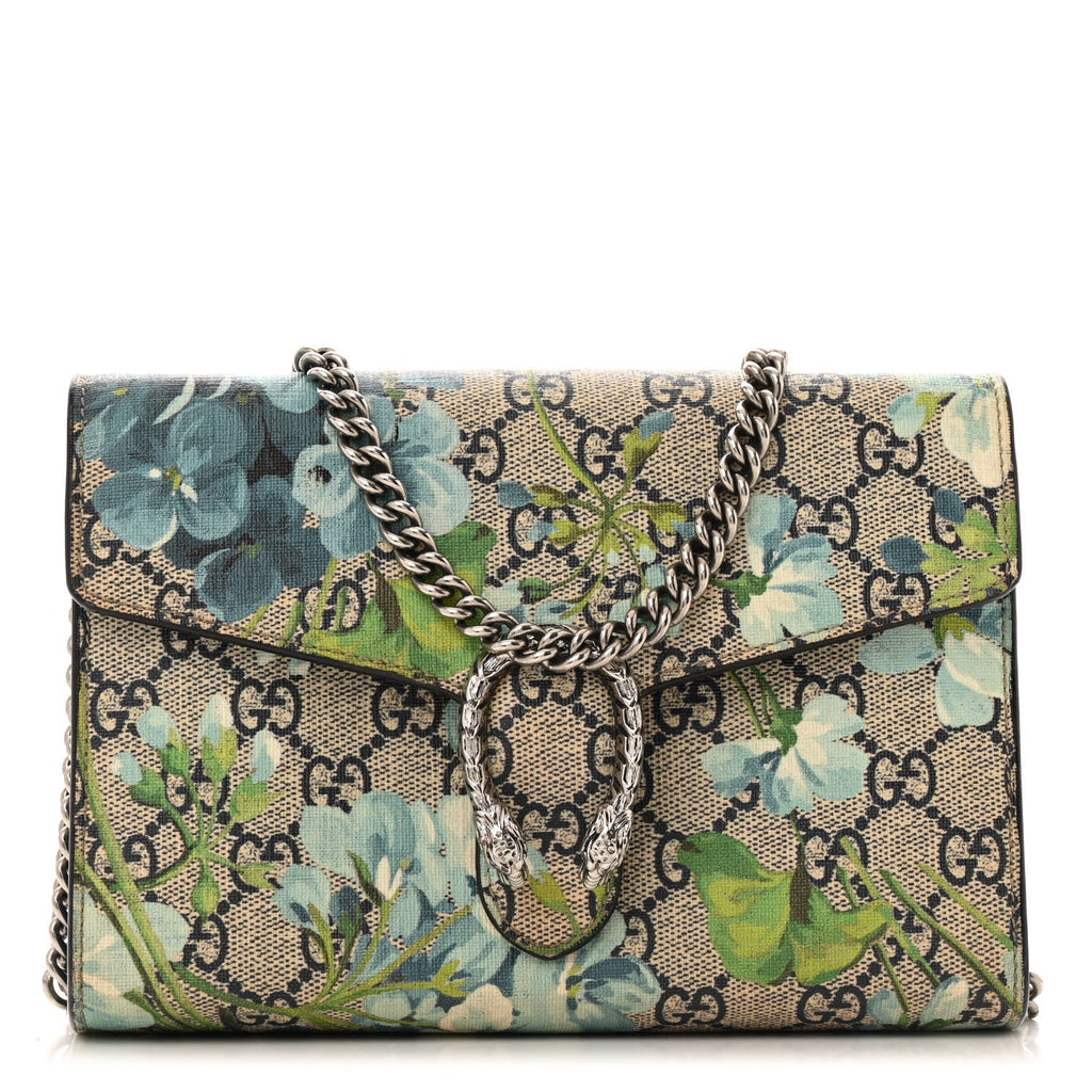 GG Supreme Monogram Blooms Mini Dionysus Chain Wallet Beige Blue Navy Vintage Blue