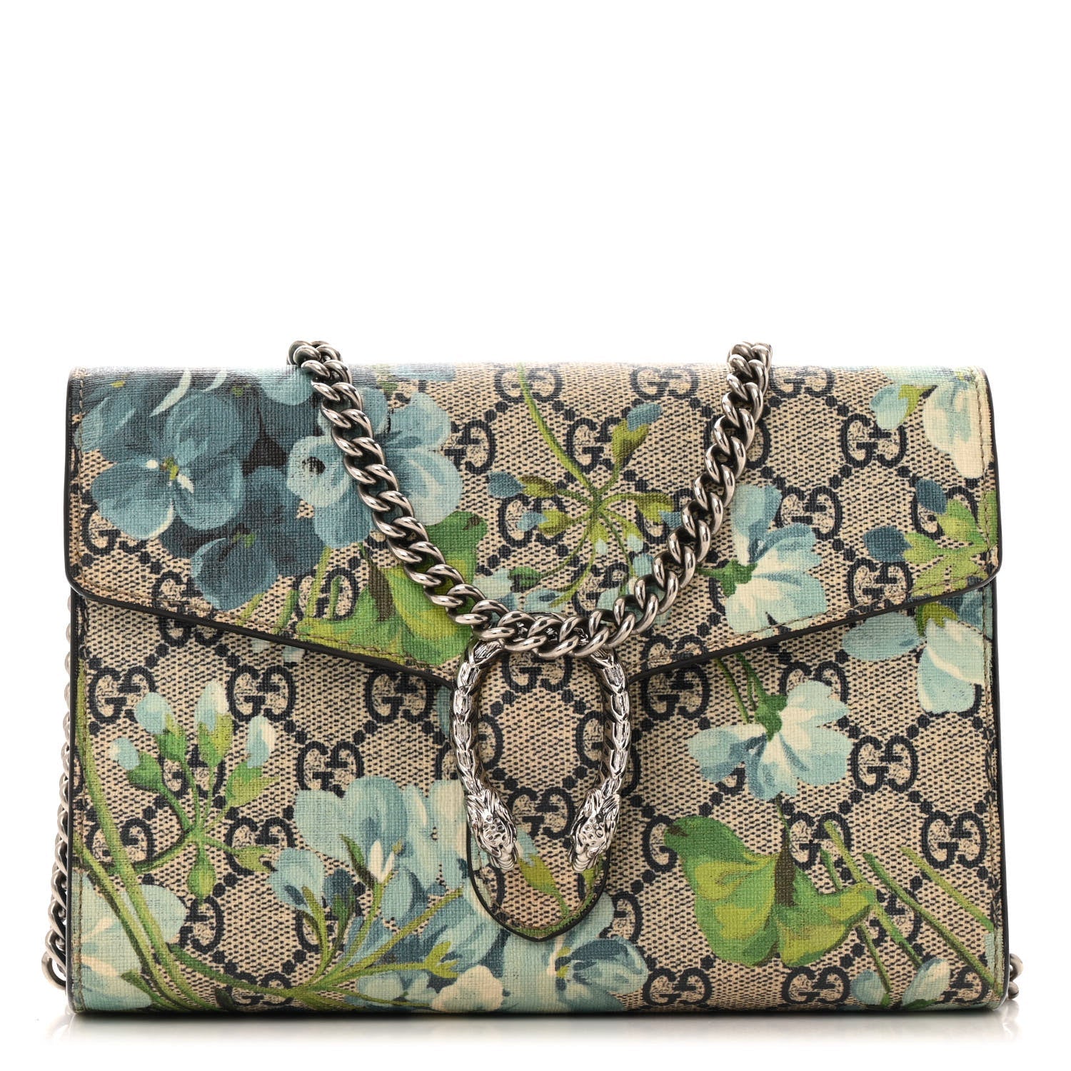 GG Supreme Monogram Blooms Mini Dionysus Chain Wallet Beige Blue Navy Vintage Blue