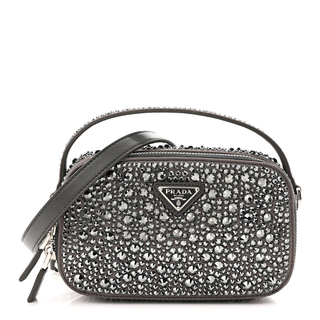 Satin Crystal Metal Triangle Logo Odette Crossbody Fumo
