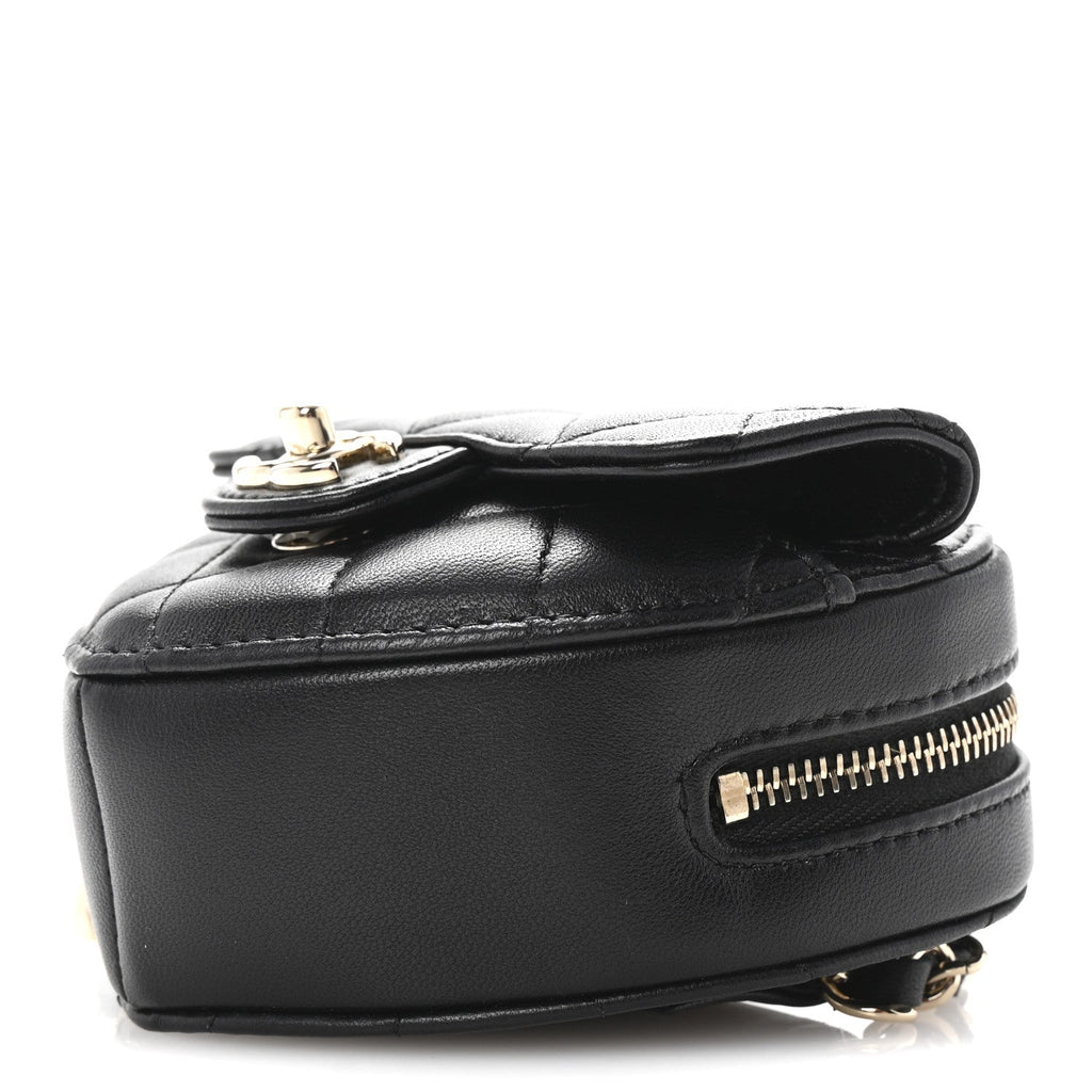 Lambskin Quilted CC In Love Heart Waist Belt Bag With Chain Black
