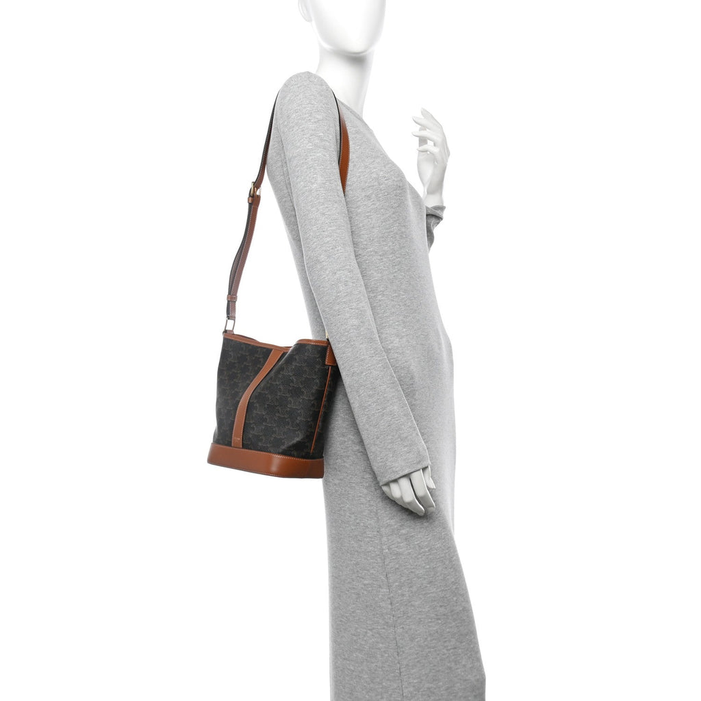 Triomphe Canvas Calfskin Small Bucket Bag Tan