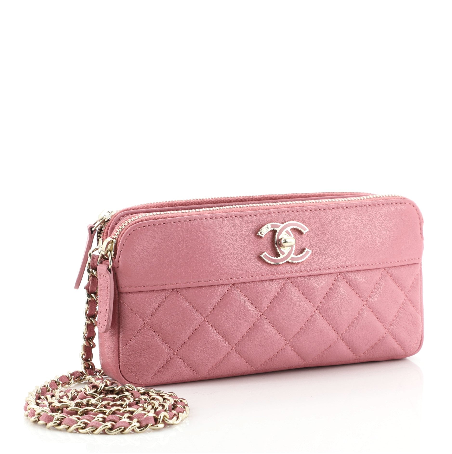 Mademoiselle Vintage Double Zip Clutch with Chain Quilted Sheepskin