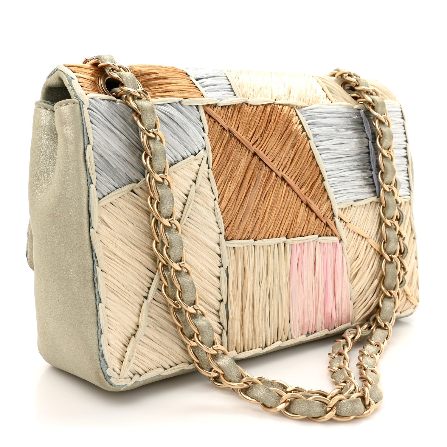 Metallic Woven Raffia Patchwork Single Flap Green