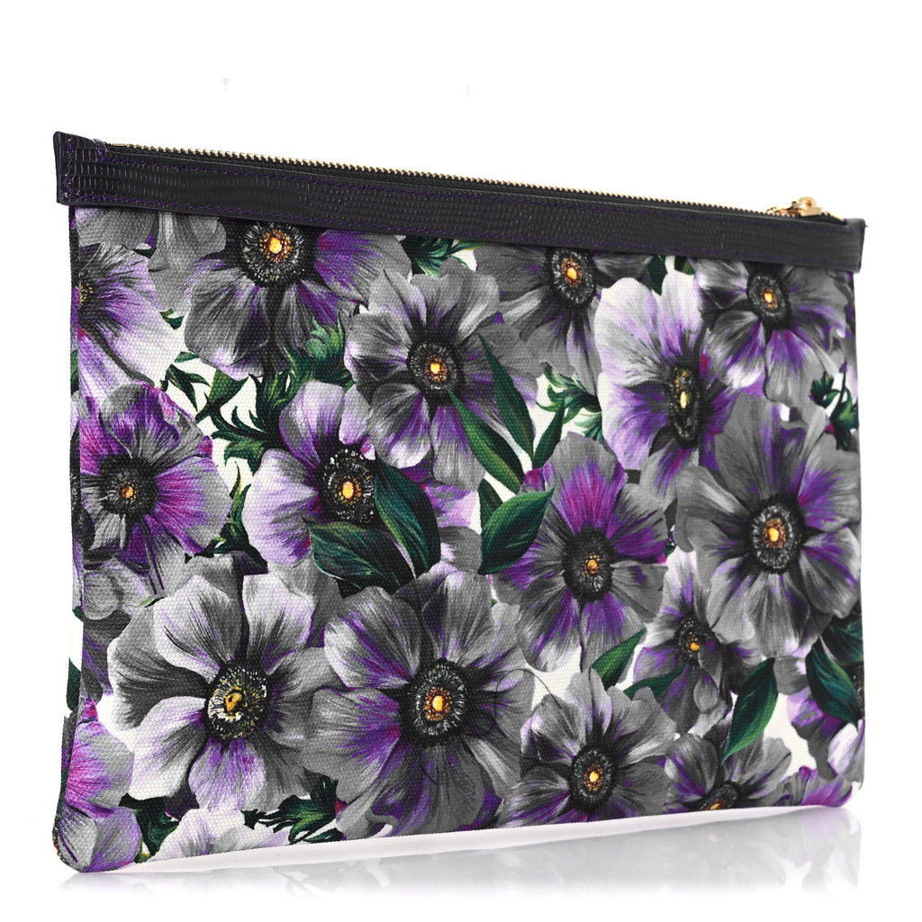Canvas Vitello Iguana Embossed Anemone Print Pouch Purple
