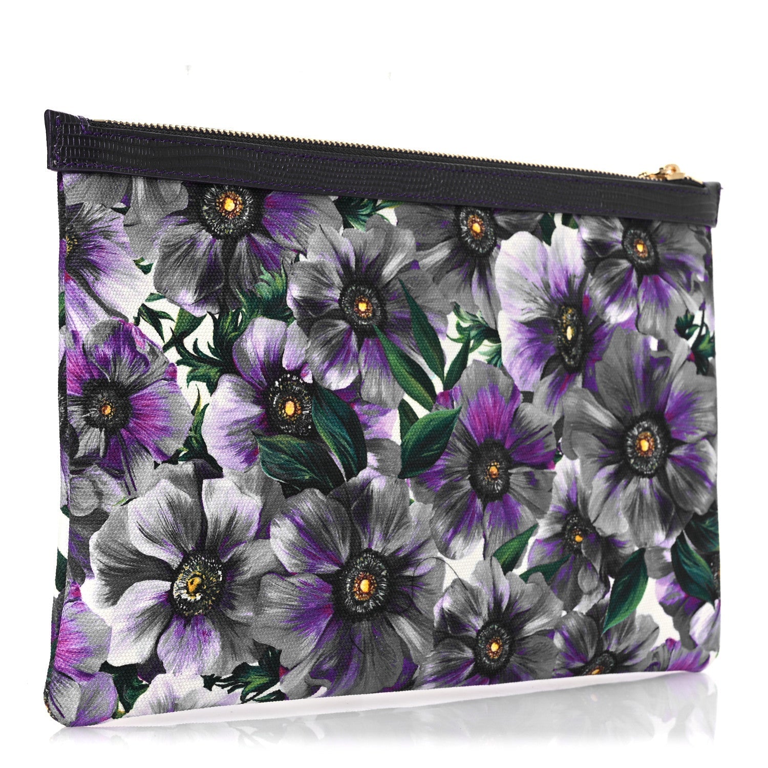 Canvas Vitello Iguana Embossed Anemone Print Pouch Purple