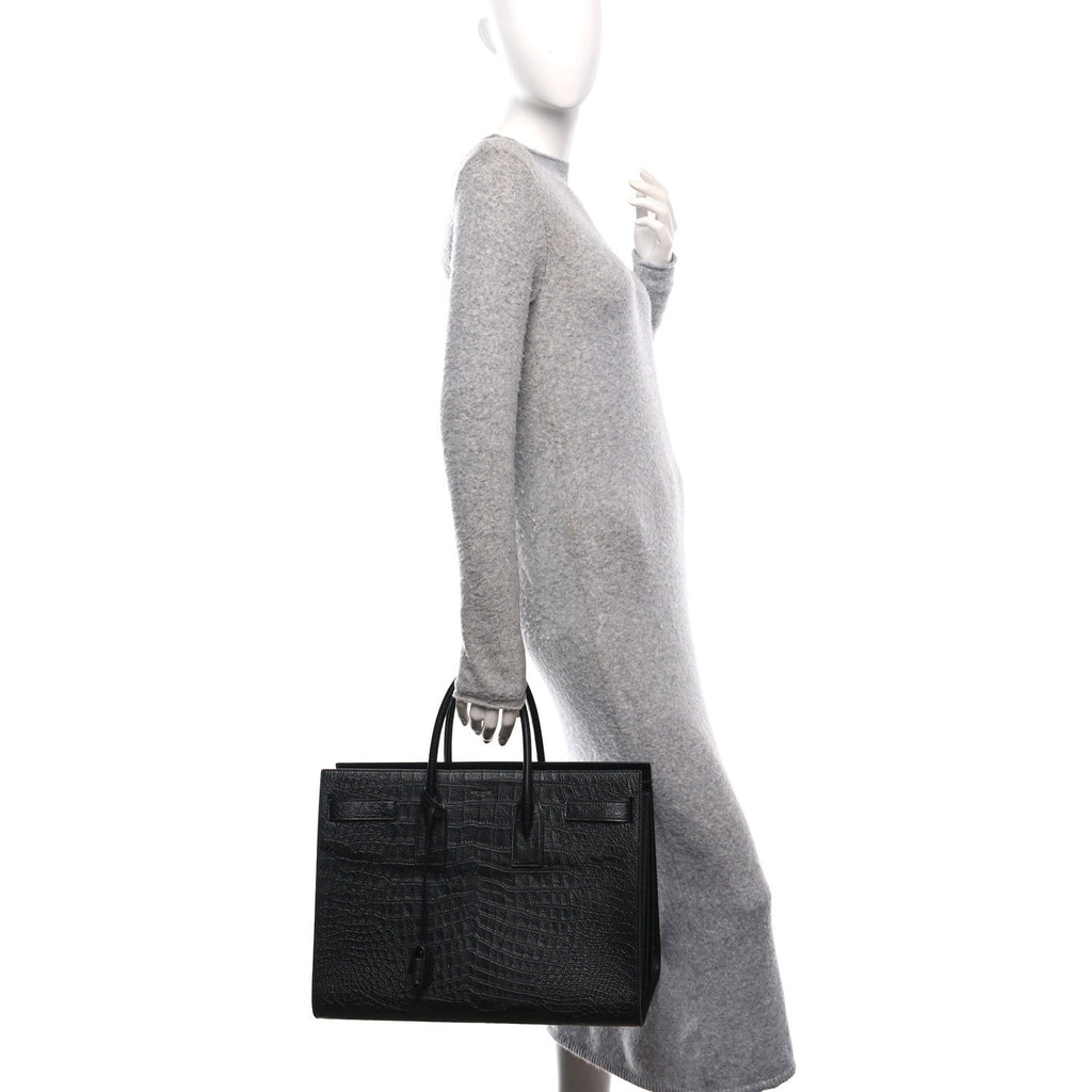 Calfskin Crocodile Embossed Large Sac De Jour Carryall Black