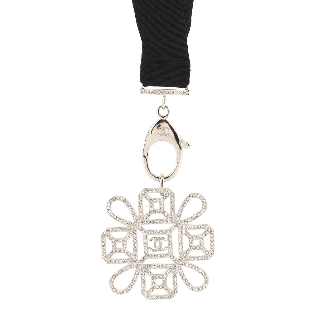 CC Cross Lanyard Necklace Grosgrain with Crystal Embellished Metal
