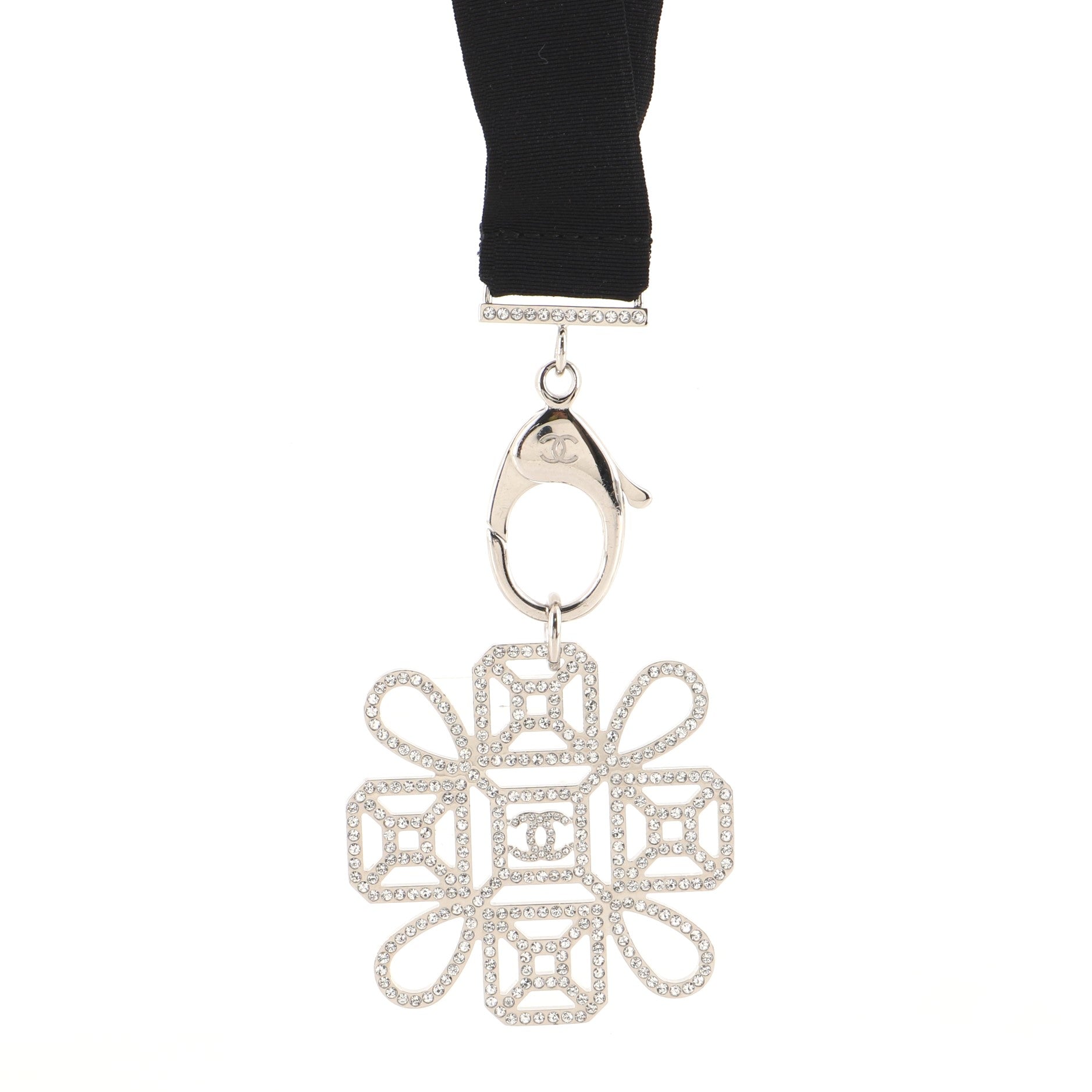 CC Cross Lanyard Necklace Grosgrain with Crystal Embellished Metal