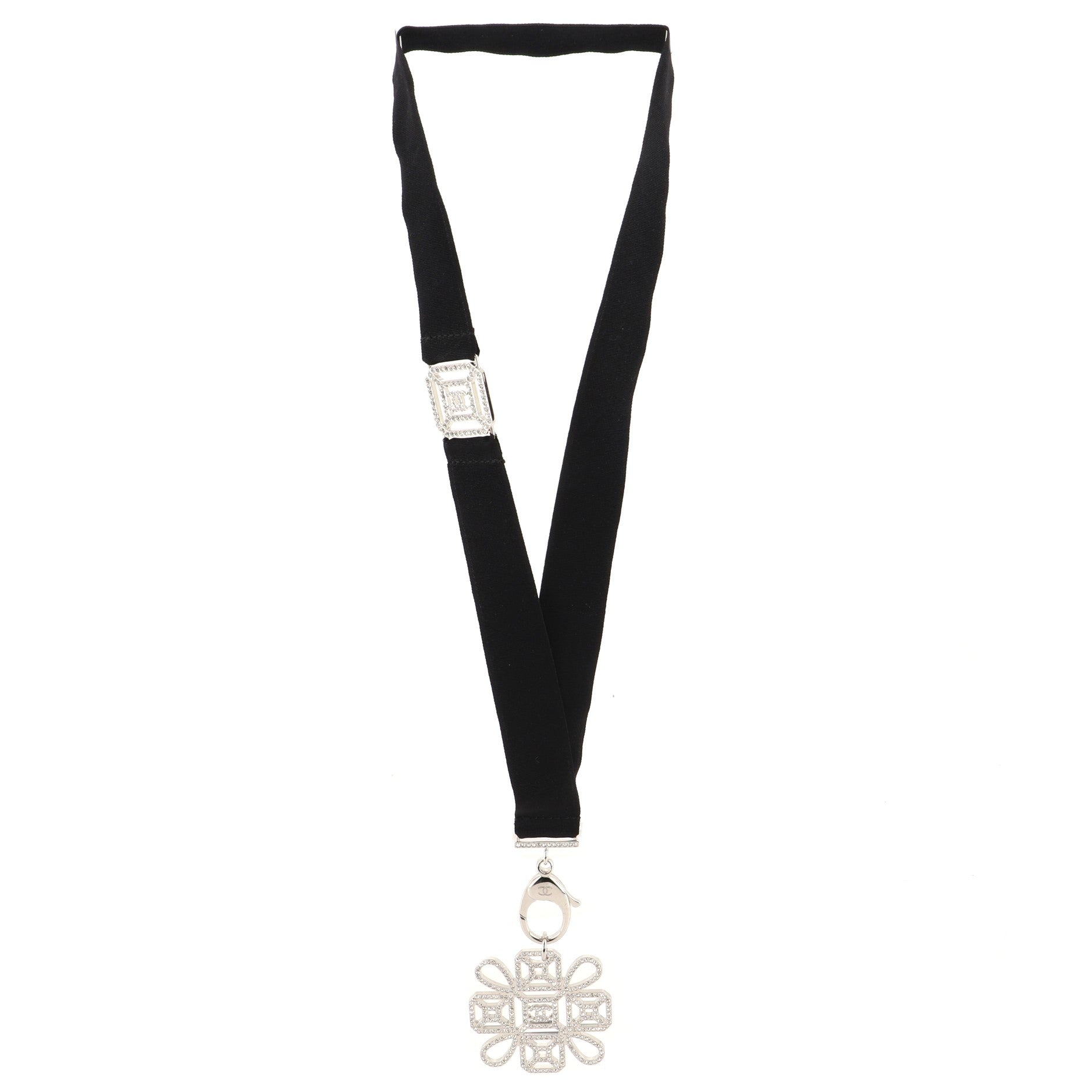 CC Cross Lanyard Necklace Grosgrain with Crystal Embellished Metal