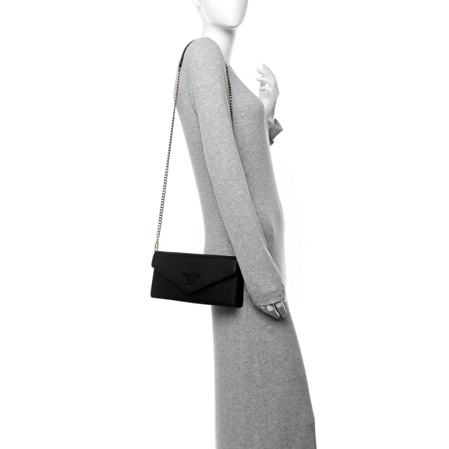 Saffiano Cuir Calfskin Monochrome Envelope Wallet on Chain Shoulder Bag Black