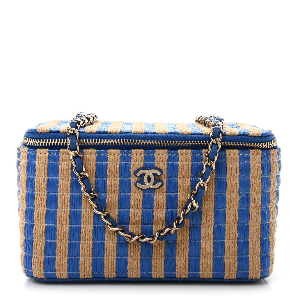Raffia Jute Striped Small Vanity Case With Chain Blue Beige