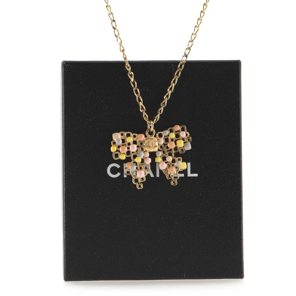 CC Graphic Bow Pendant Necklace Metal and Enamel