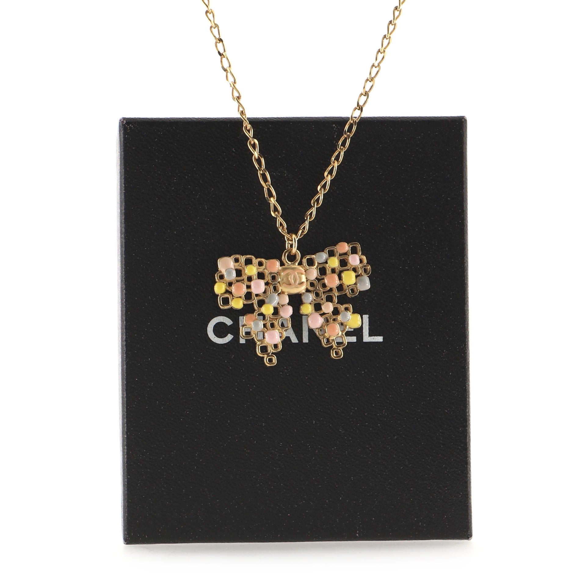 CC Graphic Bow Pendant Necklace Metal and Enamel