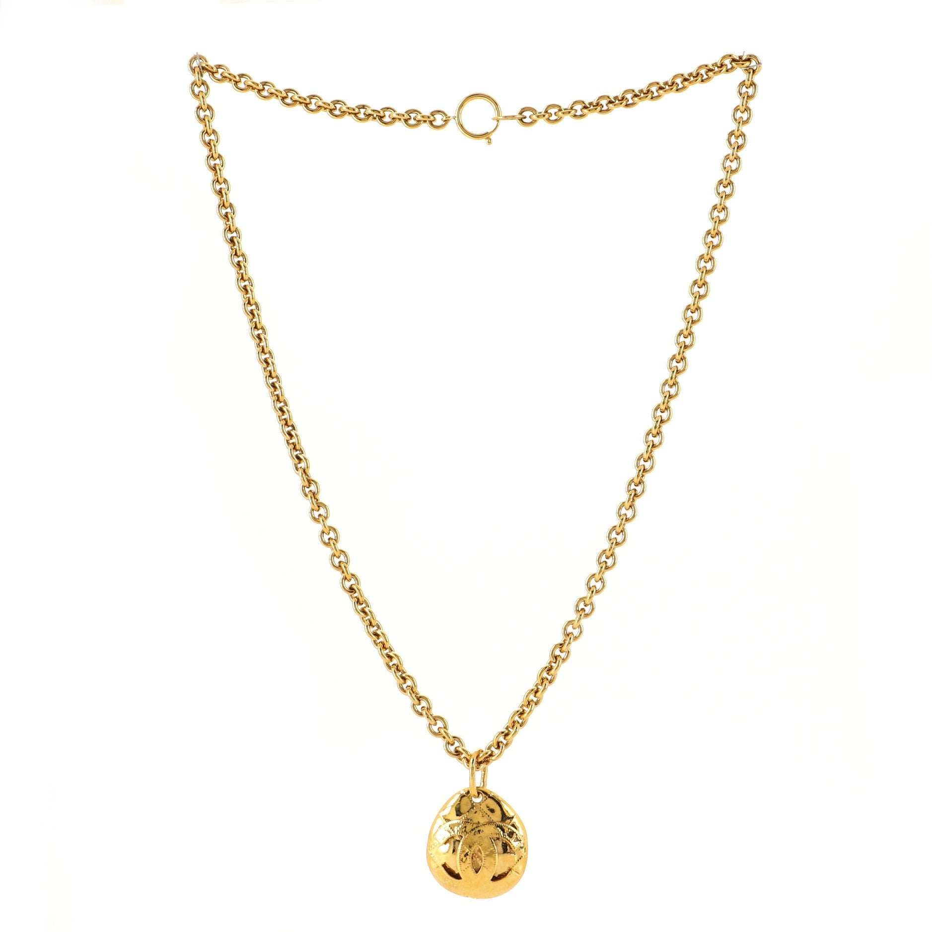 Vintage CC Quilted Teardrop Pendant Necklace Metal