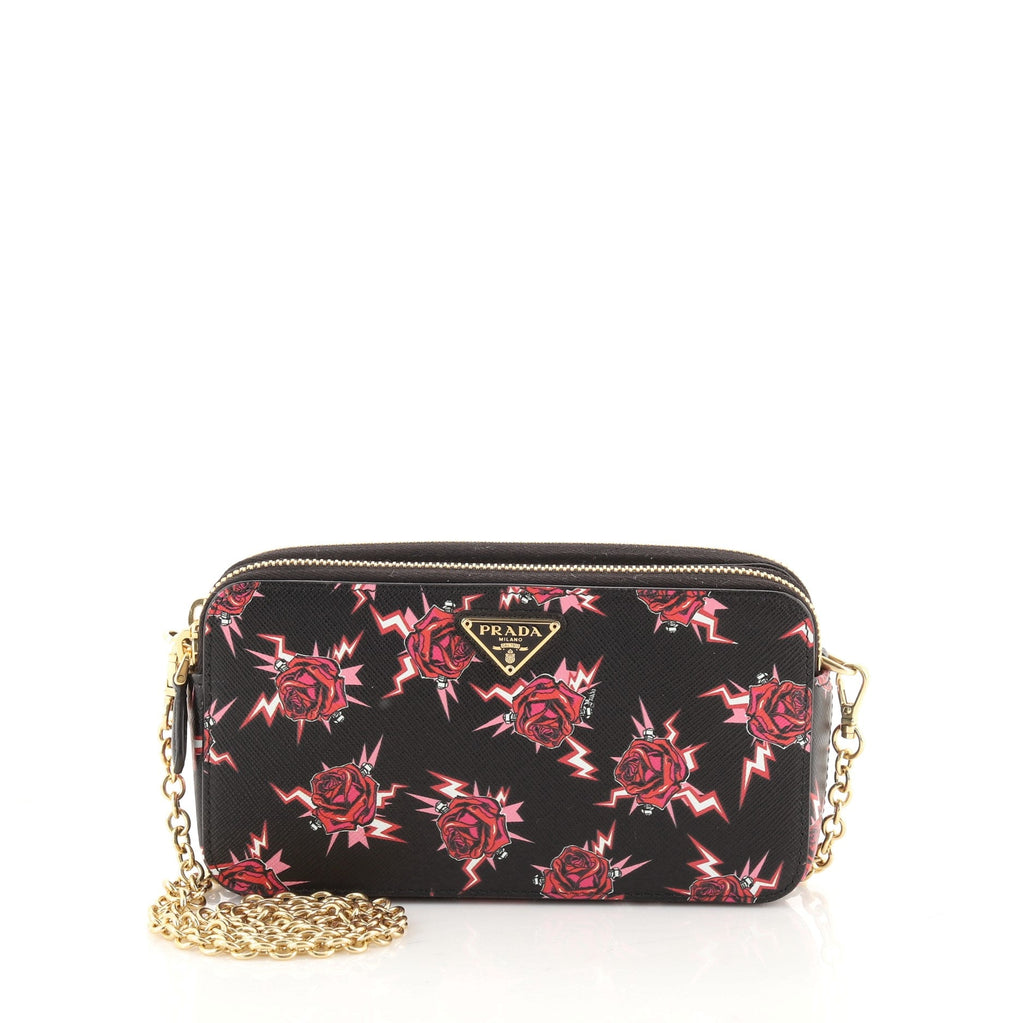 Double Zip Wallet on Chain Crossbody Printed Saffiano Leather Mini
