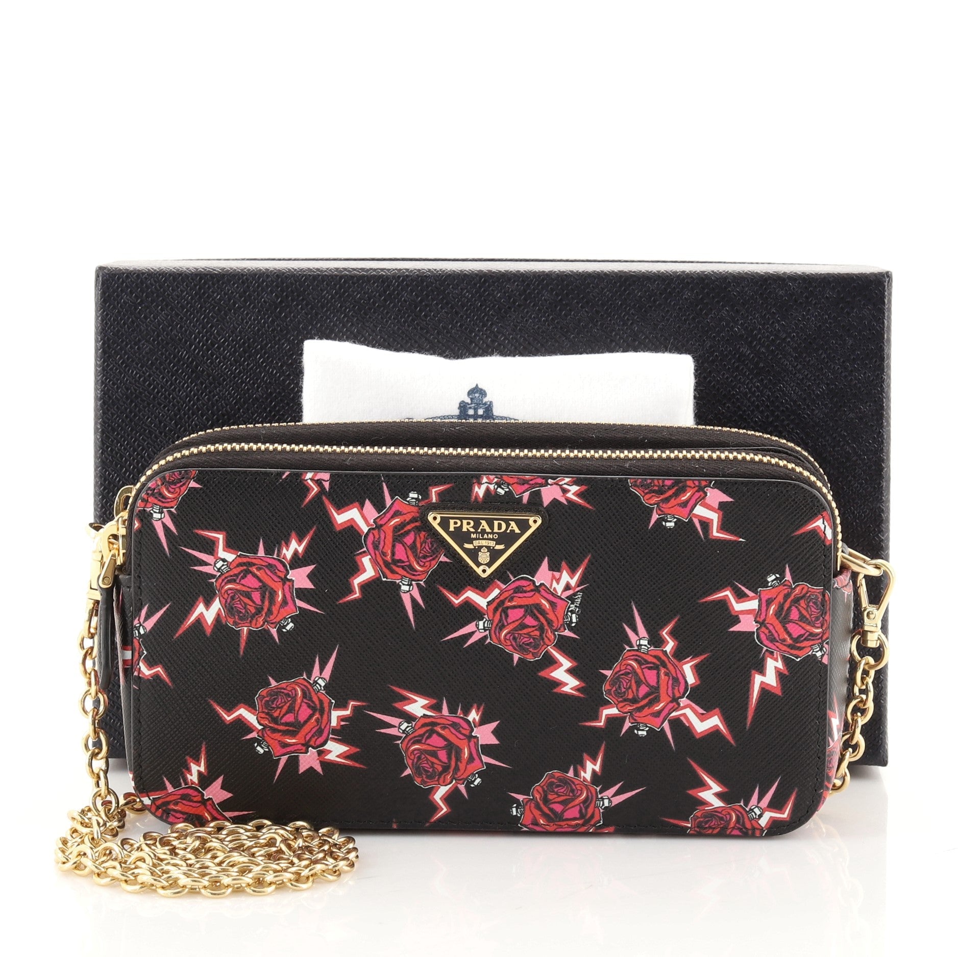 Double Zip Wallet on Chain Crossbody Printed Saffiano Leather Mini