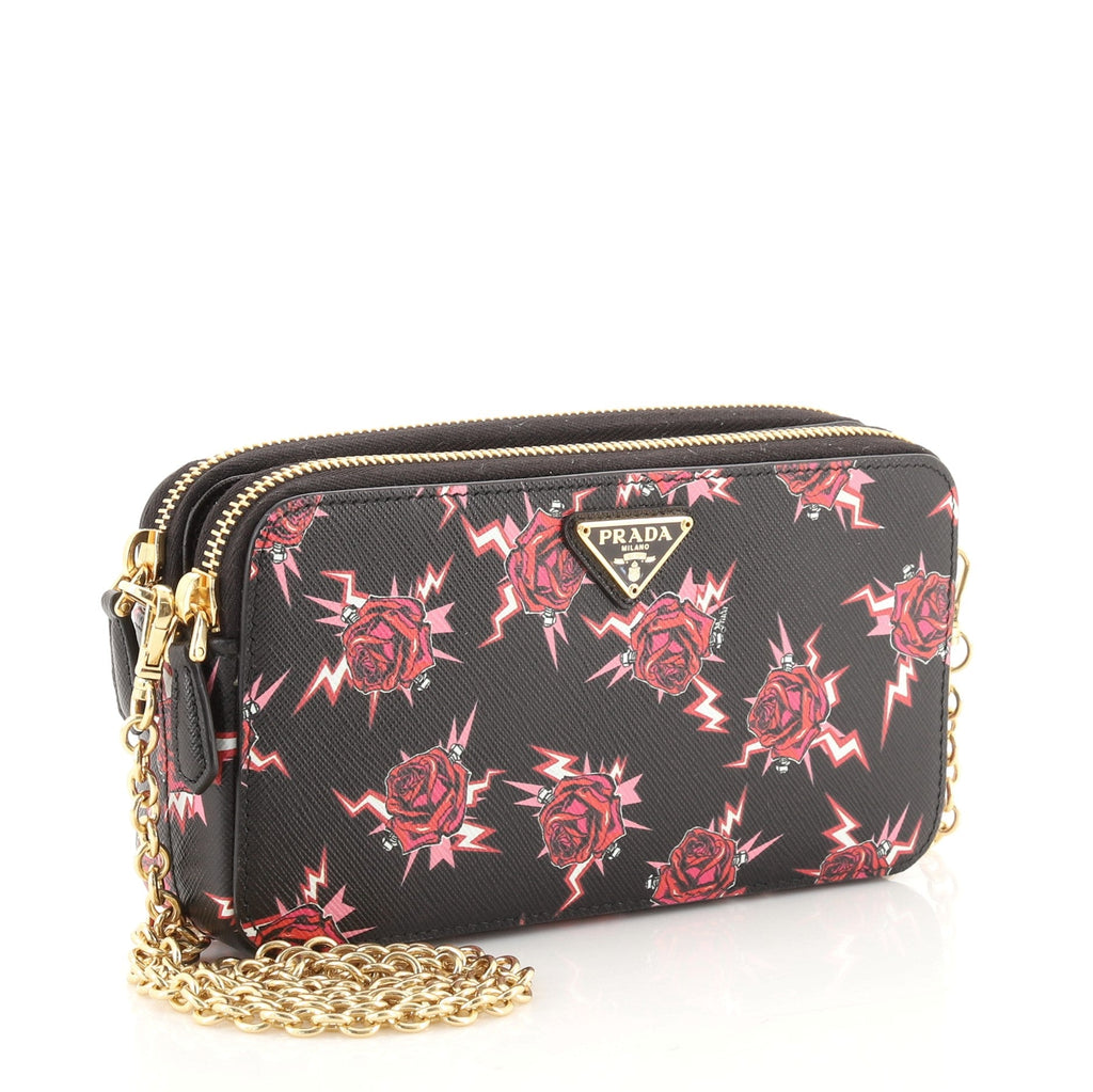 Double Zip Wallet on Chain Crossbody Printed Saffiano Leather Mini