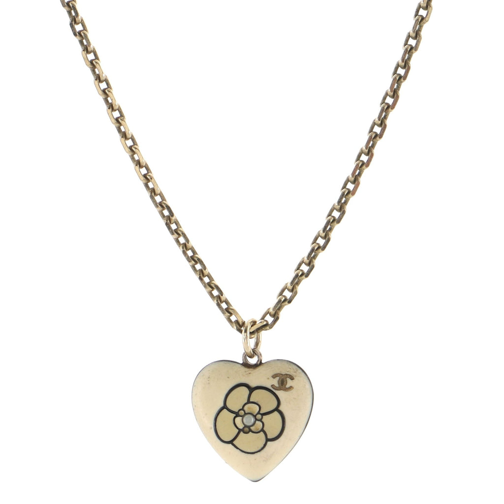 Camellia Heart Pendant Necklace Metal and Enamel